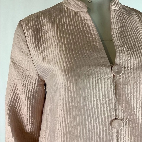 Eileen Fisher Sz XS Crepe Satin Silk Ribbed Button Cardigan Pink Mock Neck - Picture 4 of 9